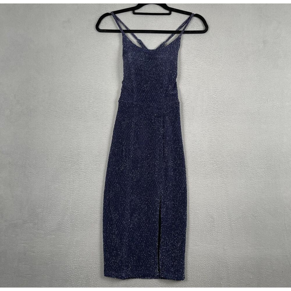 Speechless Dress Womens XXS Navy Blue Metallic Glitter Midi Strappy Slit Party